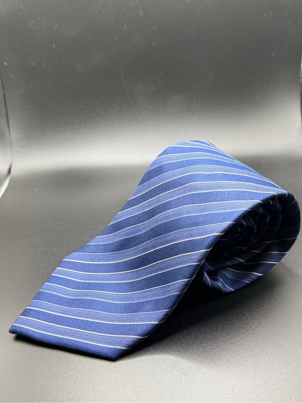 Balmain Paris 100% Silk Diagonal Striped Tie Blue Herringbone